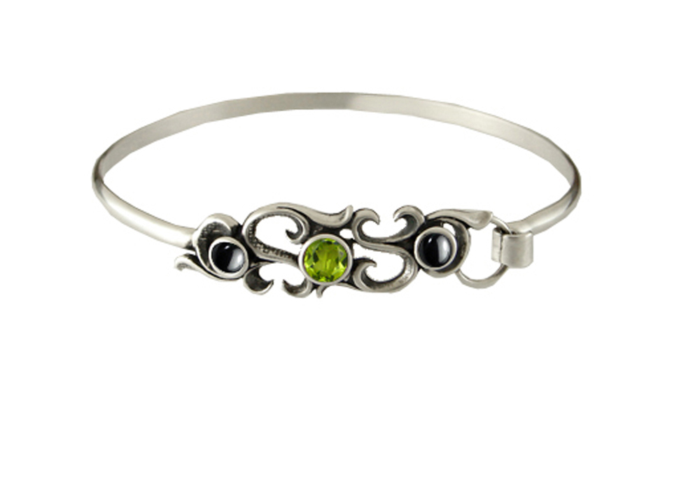 Sterling Silver Filigree Strap Latch Spring Hook Bangle Bracelet With Peridot And Hematite
